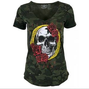 Affliction Women's Short sleeve T-Shirt SKULL TOUR Black Biker